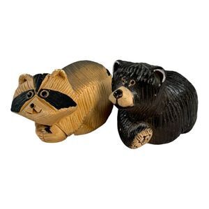 Artesiania Rinconada De Rosa Handcrafted Bear & Raccoon Wooden Figurines Set Lot